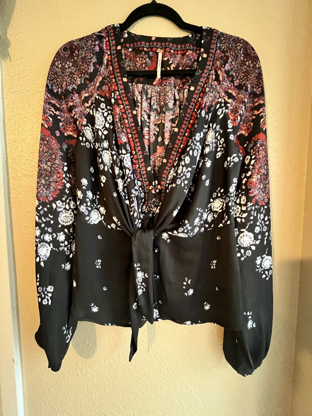 Free People Black Floral Tie-Front Blouse with Pink and Red Accents